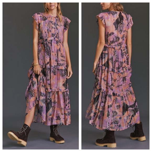 ANTHROPOLOGIE | Verb Metallic Tiered Maxi Dress Boho Cottagecore | S | Pink - Picture 1 of 15